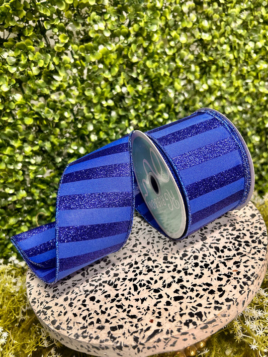 2.5 Inch By 10 Yard Royal Blue Horizontal Glitter Stripes Ribbon
