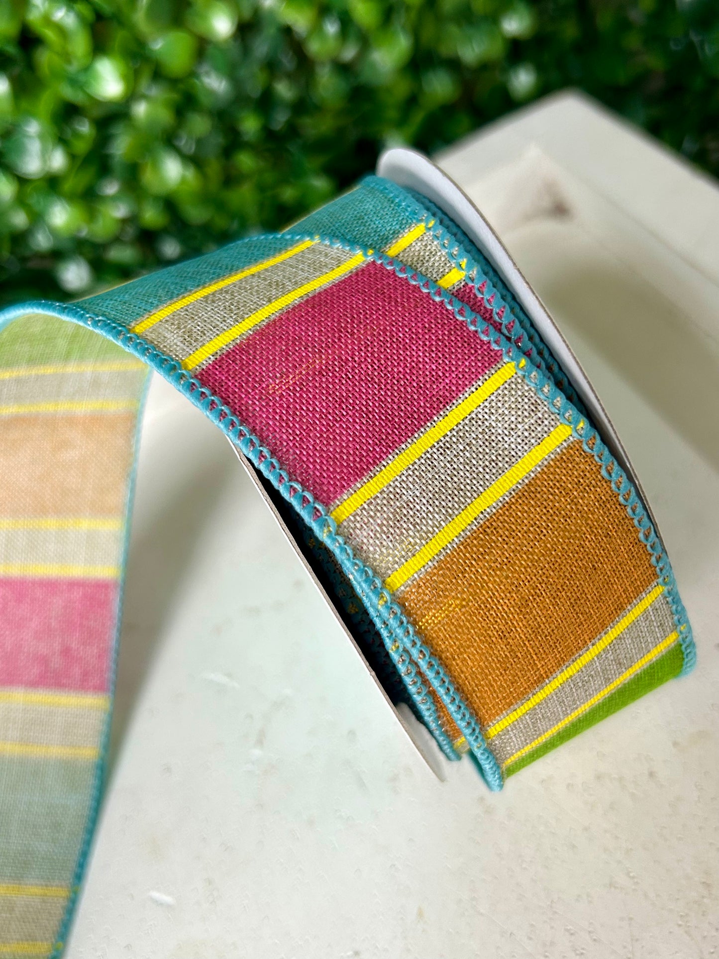 1.5 Inch By 10 Yard Pink Orange Green And Yellow Bold Stripes On Royal Ribbon
