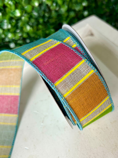 1.5 Inch By 10 Yard Pink Orange Green And Yellow Bold Stripes On Royal Ribbon