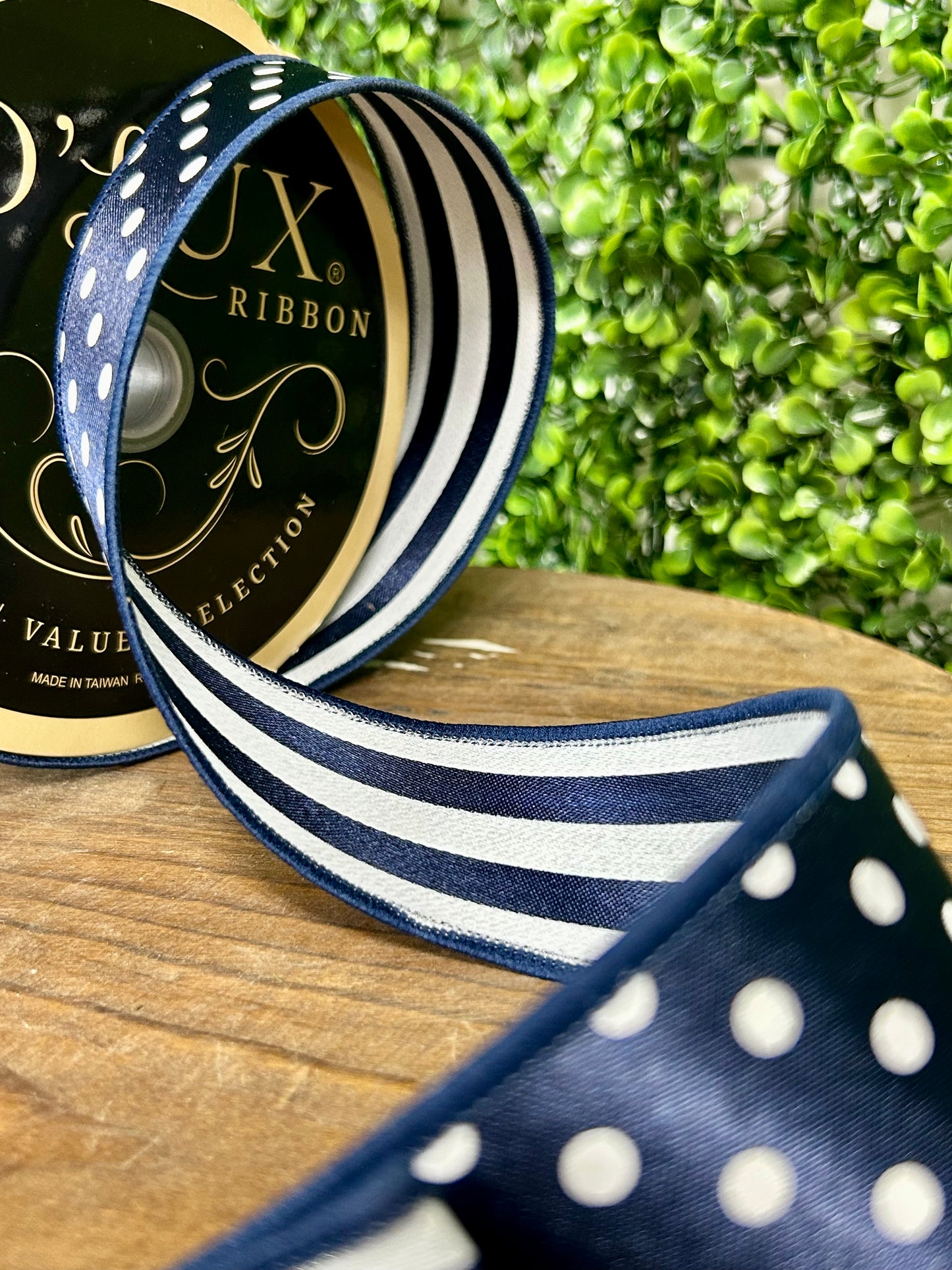 1.5 Inch By 10 Yards Navy Blue And White Polka Dot With Stripe Backing Fused Ribbon