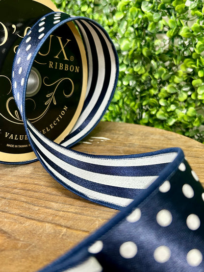 1.5 Inch By 10 Yards Navy Blue And White Polka Dot With Stripe Backing Fused Ribbon