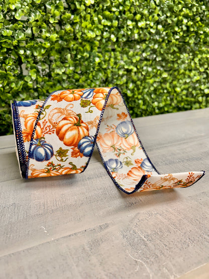 2.5 Inch By 10 Yard Cream Rust Dusty Blue Pumpkin Ribbon