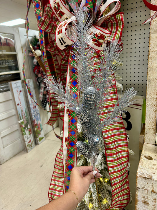 33 Inch Silver Glitter Pinecone Spray