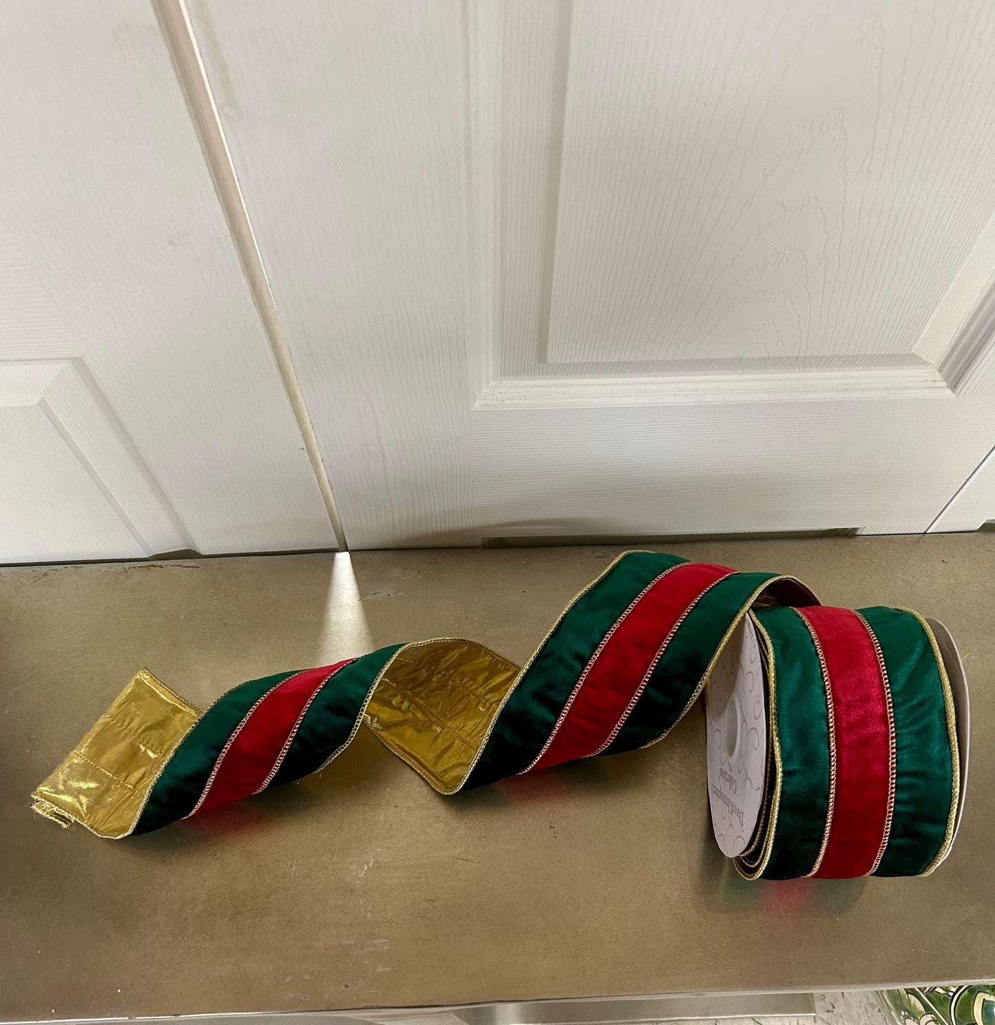 4 Inch By 10 Yard Green Velvet With Red Velvet Center With Gold Edge Ribbon