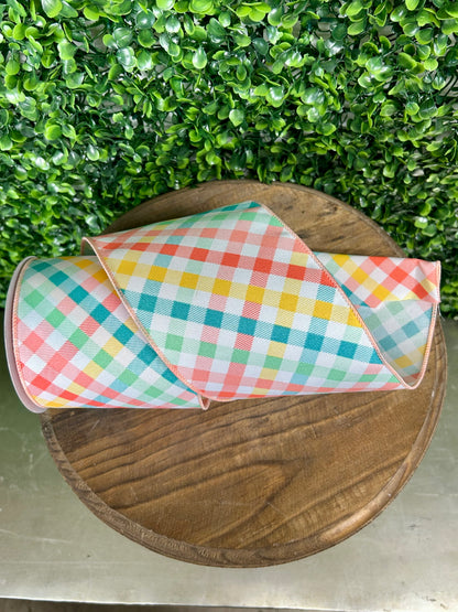 4 Inch By 10 Yard Multicolor Pastel Plaid Ribbon