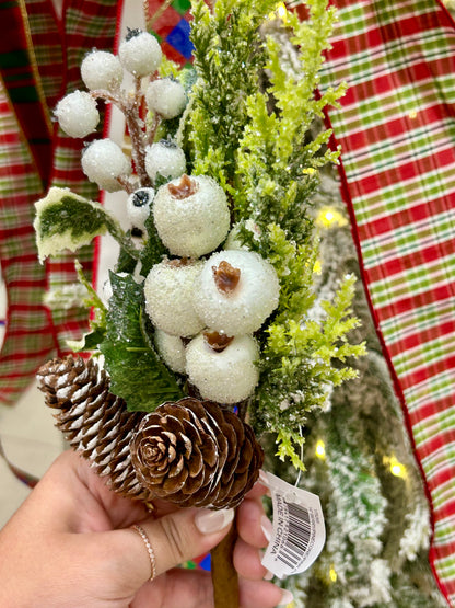 14 Inch White Berry Pinecone Pick