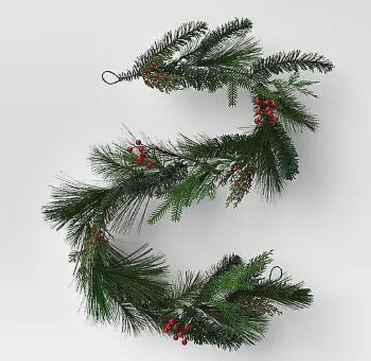6' Long Needle Mixed Greenery with Red Berries Artificial Christmas Garland