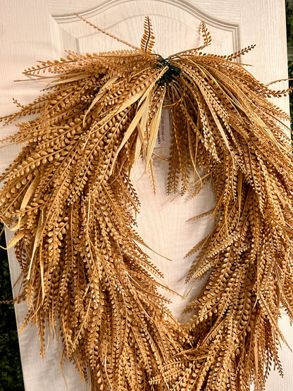 34 Inch Oval Beige Mixed Blade Bead Grass Wreath