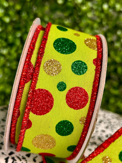 1.5 Inch By 10 Yard Red Gold Lime And Emerald Polka Dot Ribbon