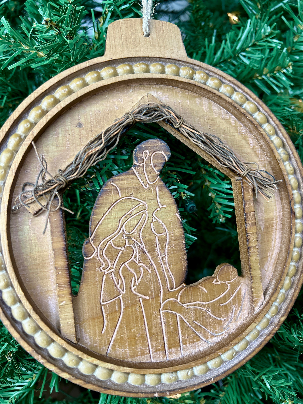 8.46 Inch Wood Engraved Holiday Nativity Design Ornament
