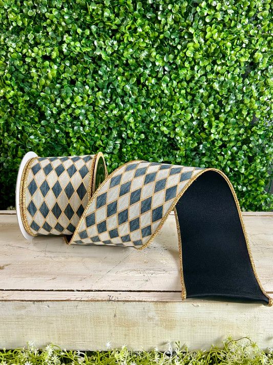 4 Inch By 10 Yard Cream Gold Grey And Black Antique Harlequin Fused Ribbon