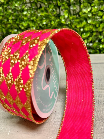 1.5 Inch By 10 Yard Fuchsia And Gold Glitter Harlequin Ribbon