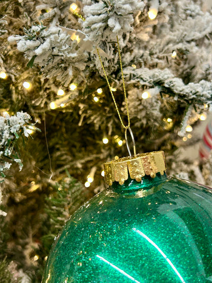 6 Inch Emerald Green Lacquer Look Glitter Ball Ornament