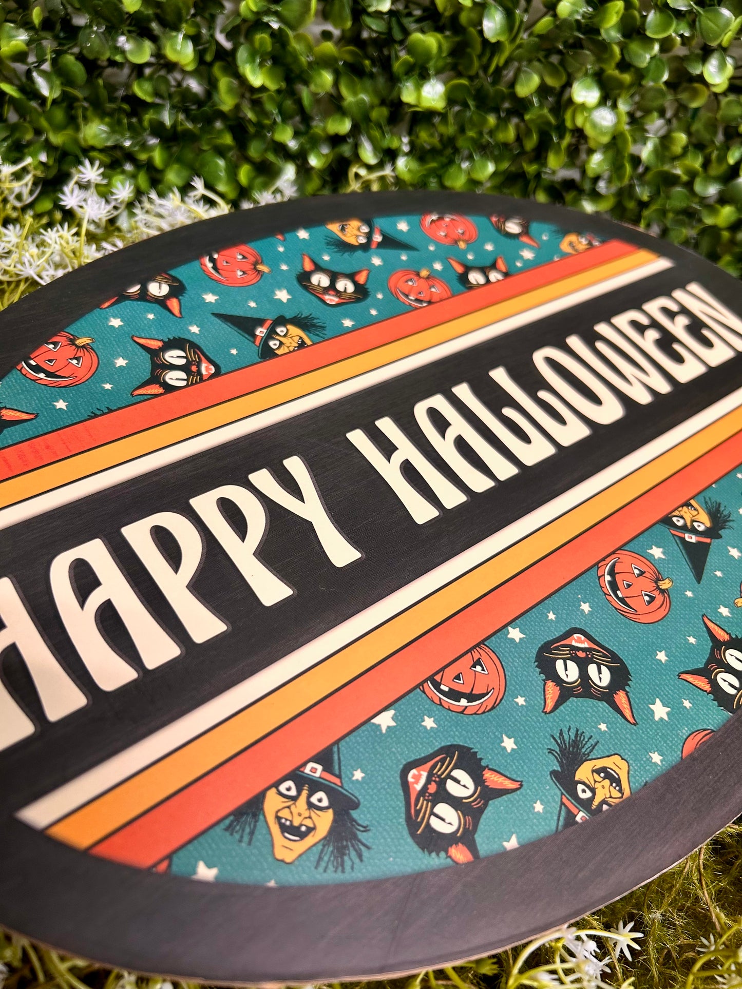 13 Inch By 9 Inch Teal Yellow And Orange Happy Halloween Oval Wood Sign
