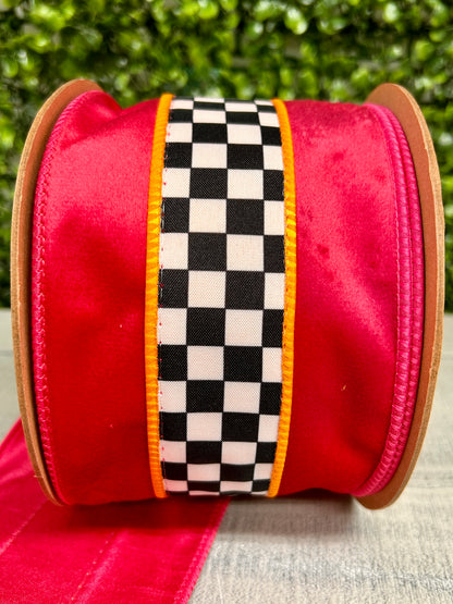 4 Inch By 10 Yard Hot Pink And Orange With Check Middle Ribbon