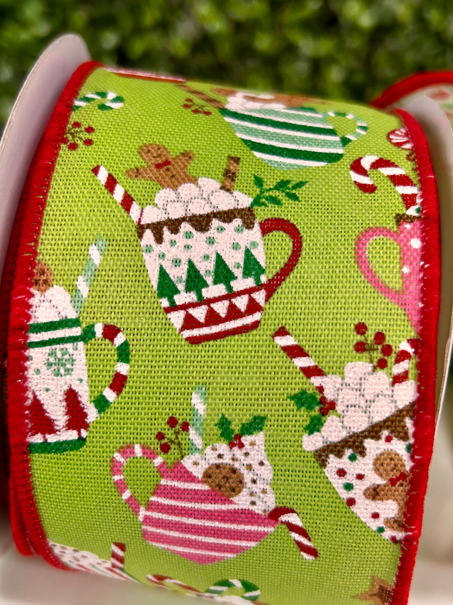 2.5 Inch By 10 Yard Lime Green Christmas Hot Cocoa Mugs Ribbon