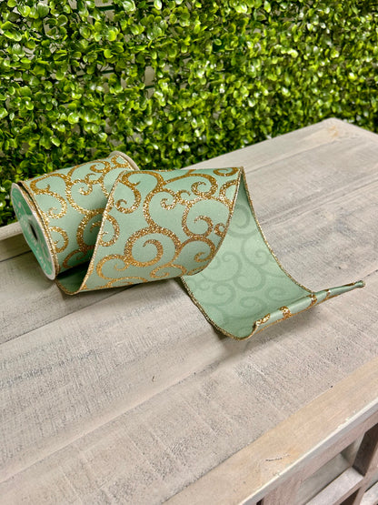 4 Inch By 10 Yard Sage Green And Gold Glitter Swirl Ribbon