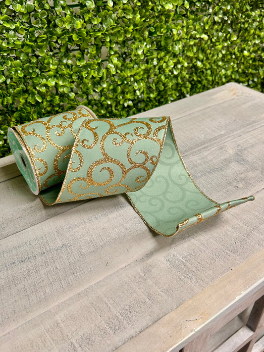 4 Inch By 10 Yard Sage Green And Gold Glitter Swirl Ribbon