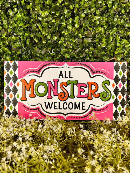 12.5 Inch Pink And Green All Monsters Welcome Wood Sign