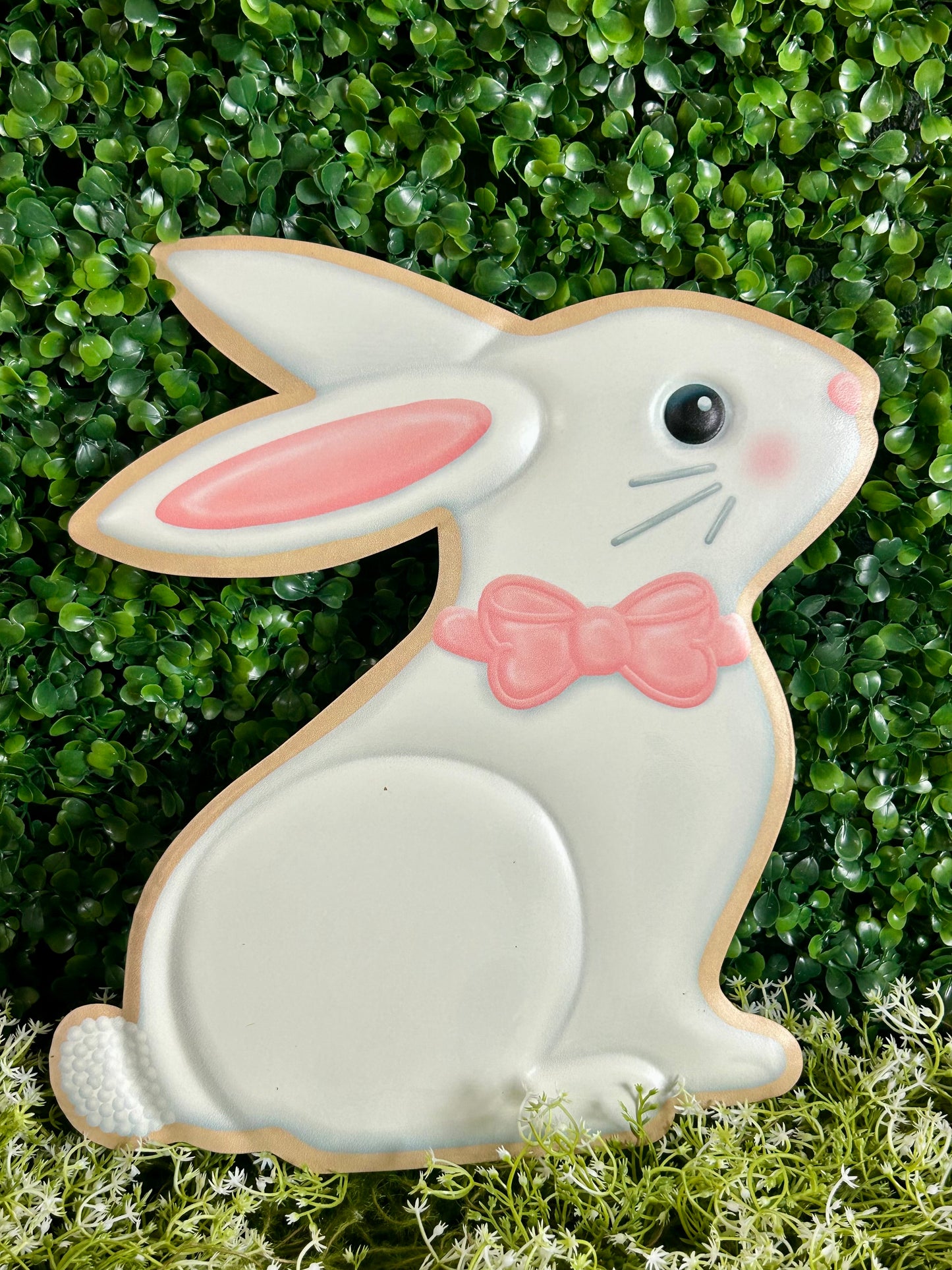 11.5 Inch White Pink And Light Brown Metal Cookie Bunny Sign