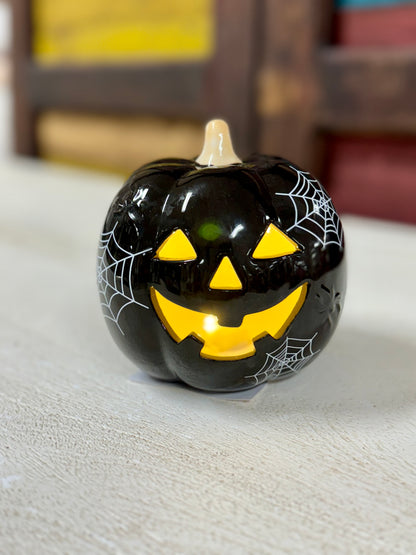 Black Light Up Ceramic Pumpkin With Spider Webs