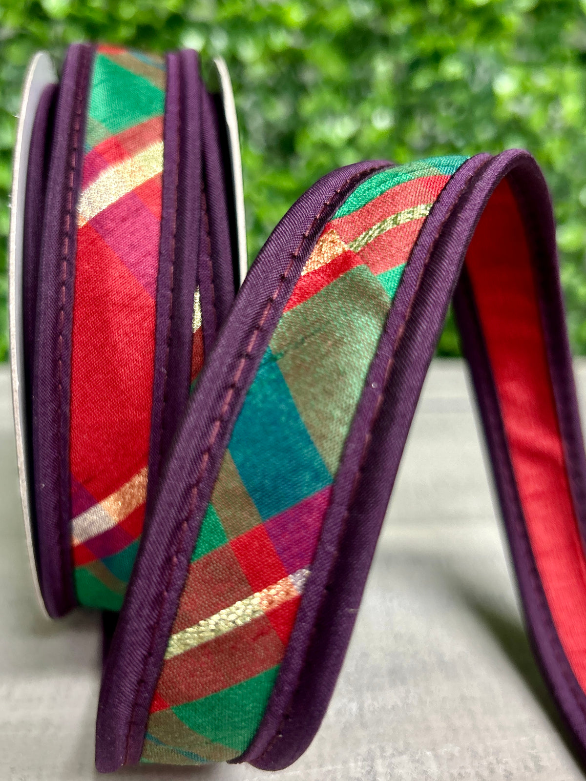 John Mark 1 Inch By 10 Yard Metallic Dupioni Plaid Gold Accent With Purple Edge Ribbon