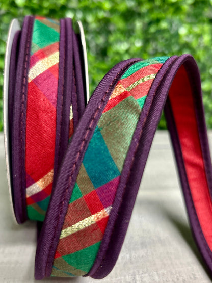 John Mark 1 Inch By 10 Yard Metallic Dupioni Plaid Gold Accent With Purple Edge Ribbon