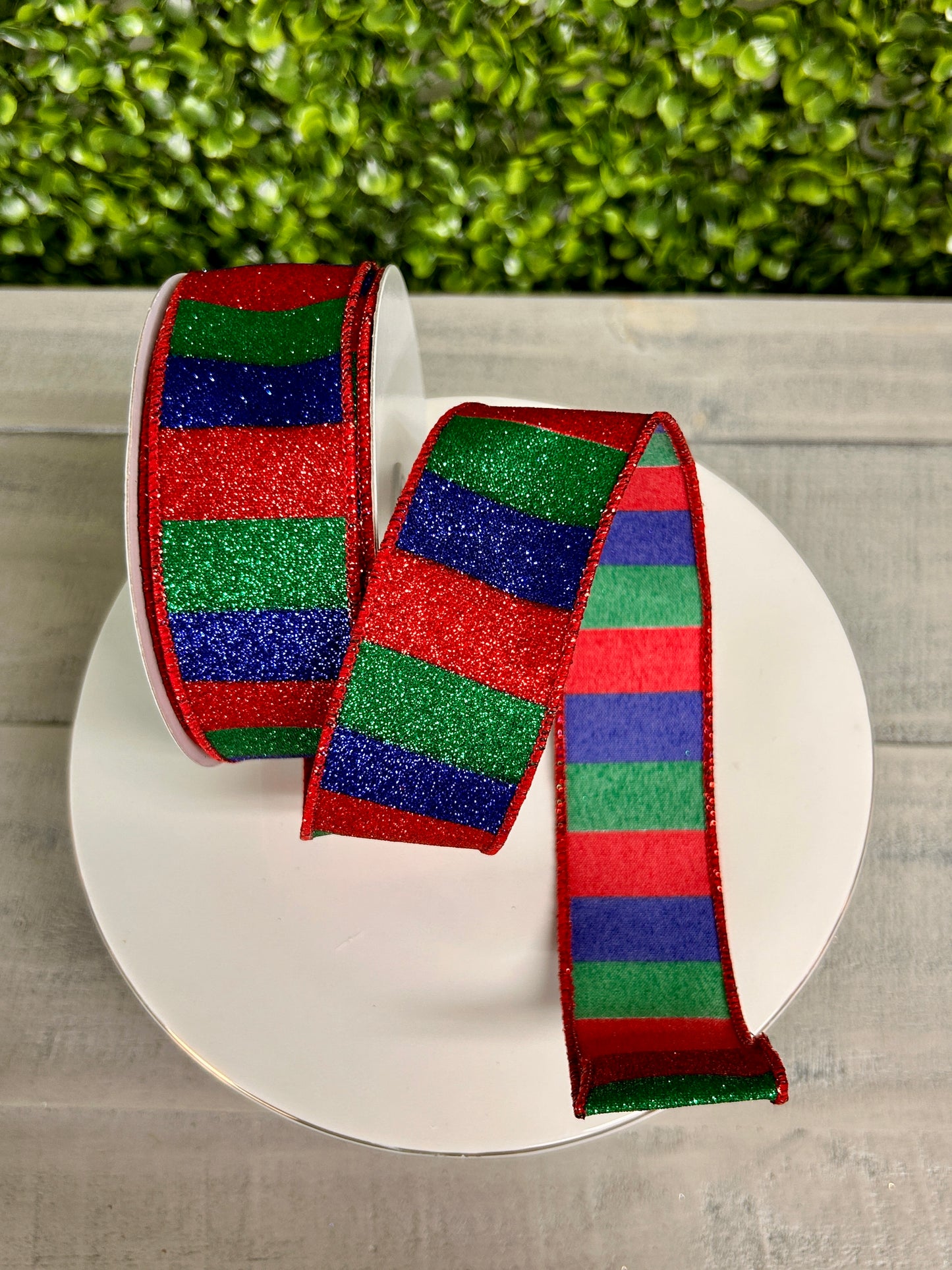 1.5 Inch By 10 Yard Red Emerald And Royal Blue Horizontal Glitter Stripes Ribbon