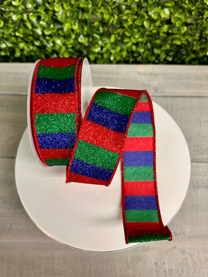1.5 Inch By 10 Yard Red Emerald And Royal Blue Horizontal Glitter Stripes Ribbon