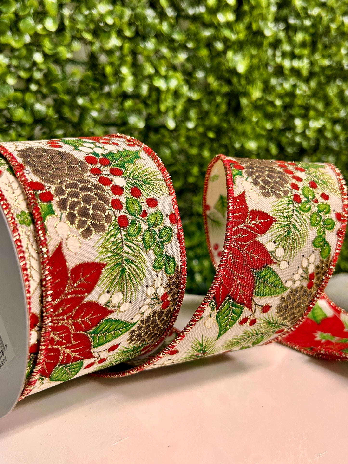 2.5 Inch By 10 Yard Poinsettia Foliage And Pinecones Ribbon