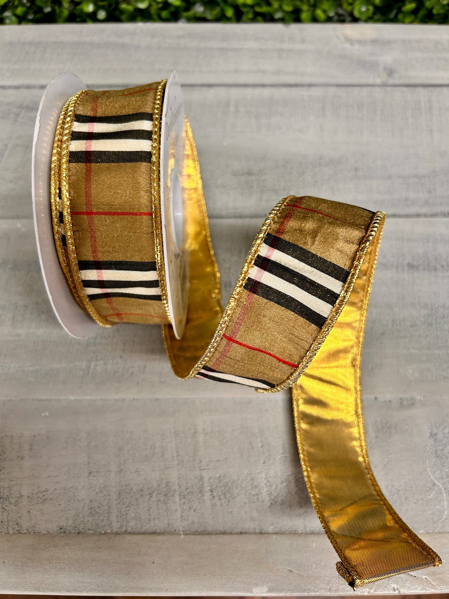1.5 Inch By 10 Yard  Check With Gold Lame Ribbon