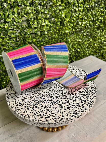 2.5 Inch By 10 Yard Fuchsia Blue Emerald And Gold Watercolor Stripes Ribbon