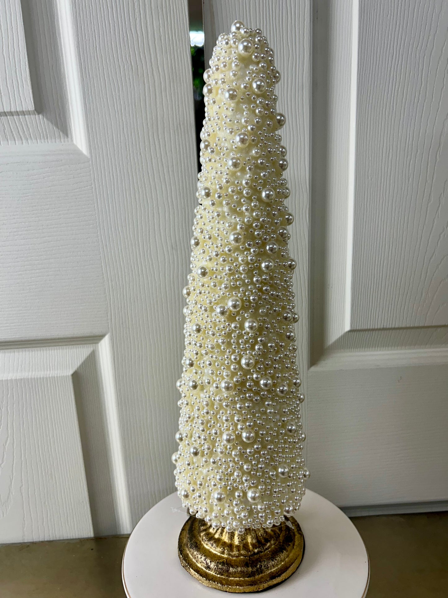 15 Inch Cream Pearl Cone Topiary With Stand