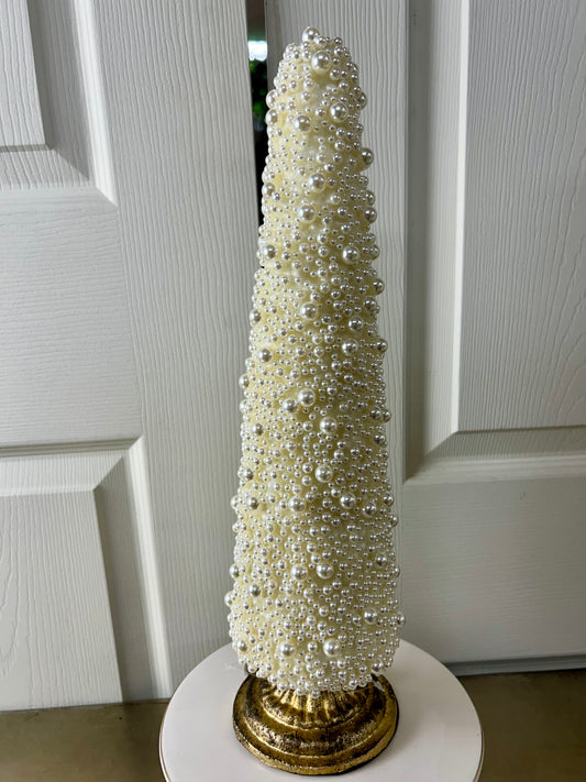 15 Inch Cream Pearl Cone Topiary With Stand