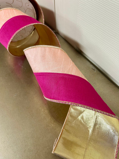4 Inch By 10 Yard Pink And Light Pink With Gold Back Dupioni Ribbon