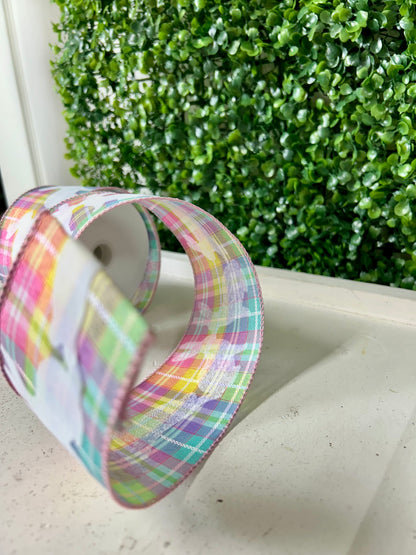 2.5 Inch By 10 Yard Pastel Kennedy Plaid With Flocked White Bunnies Ribbon