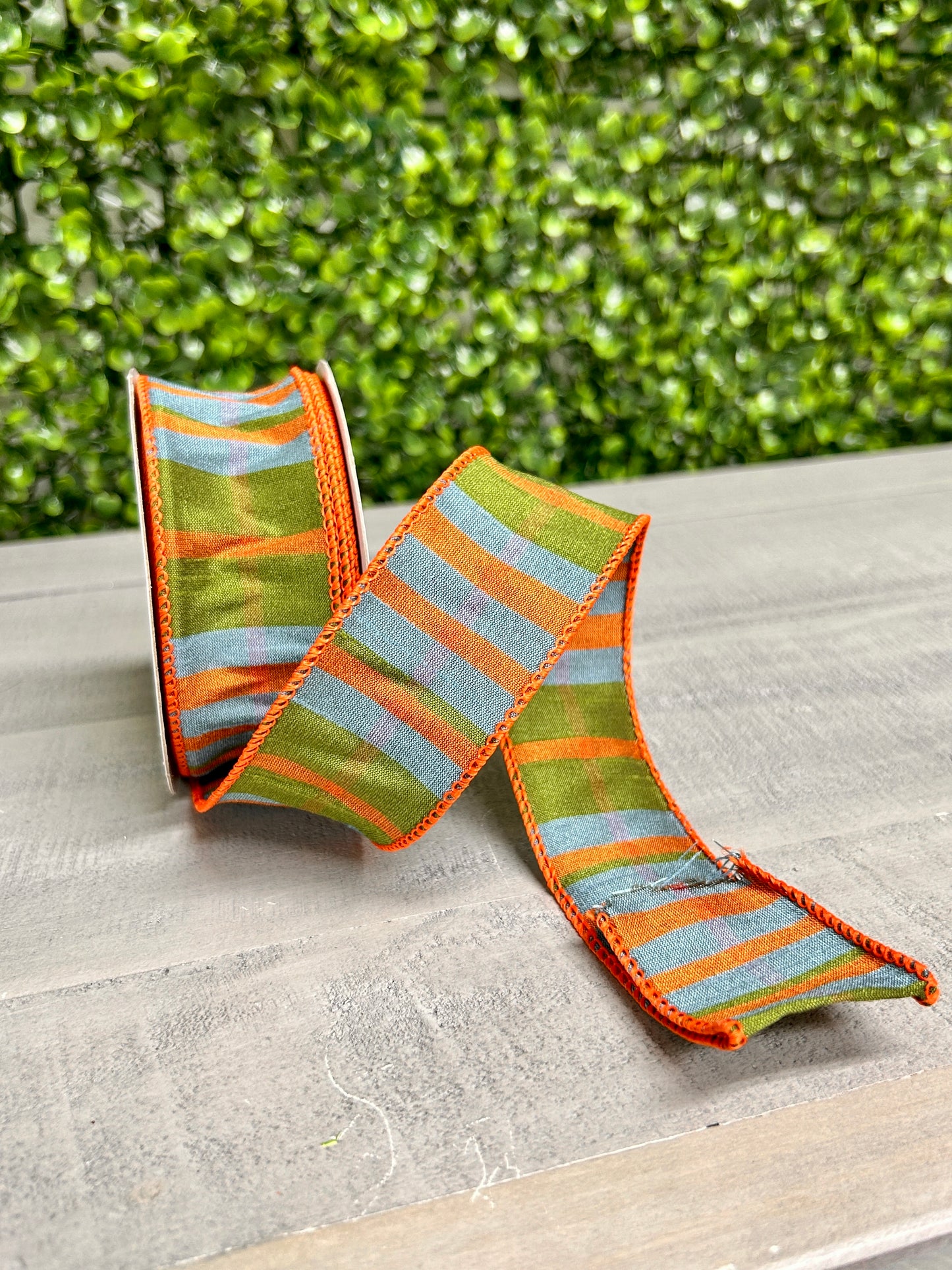 1.5 Inch By 10 Yard Moss Green Orange And Smoke Blue Faux Dupinoi Plaid Ribbon