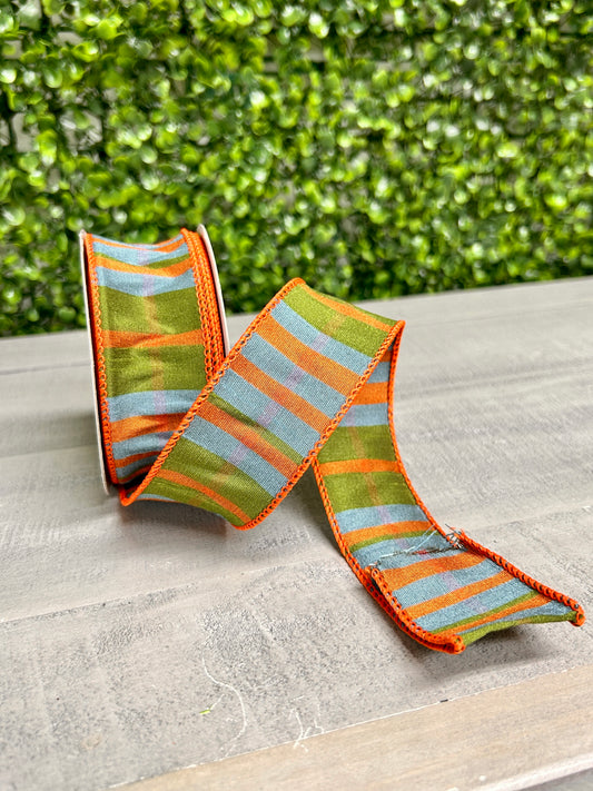 1.5 Inch By 10 Yard Moss Green Orange And Smoke Blue Faux Dupinoi Plaid Ribbon