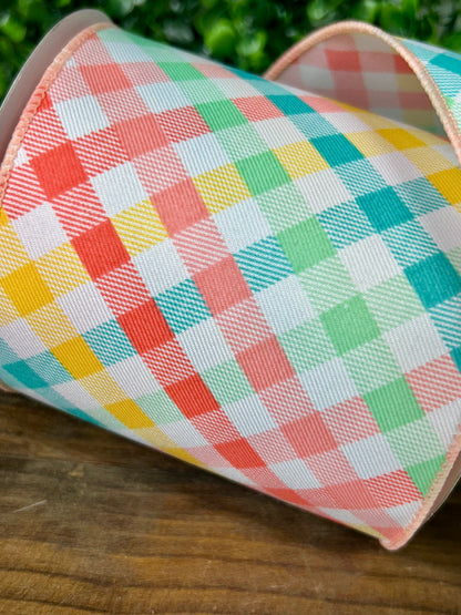 4 Inch By 10 Yard Multicolor Pastel Plaid Ribbon