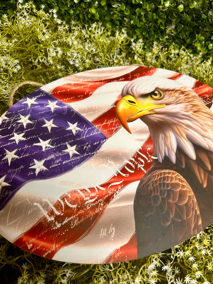 15 By 10.35 Inch Red White And Blue Eagle With Flag Oval Wood Sign