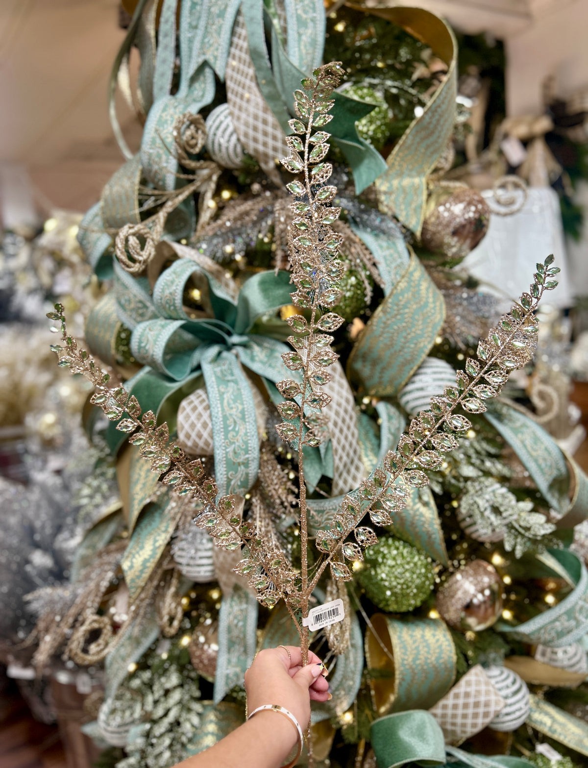 37.5 Inch Mint Green Rhinestone Leaf Spray