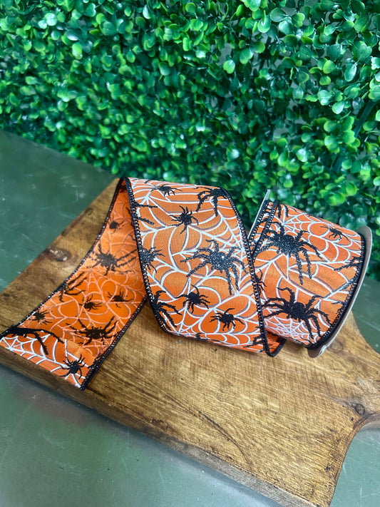 2.5 Inch By 10 Yard Black Glitter Spiders And Webs Halloween Ribbon