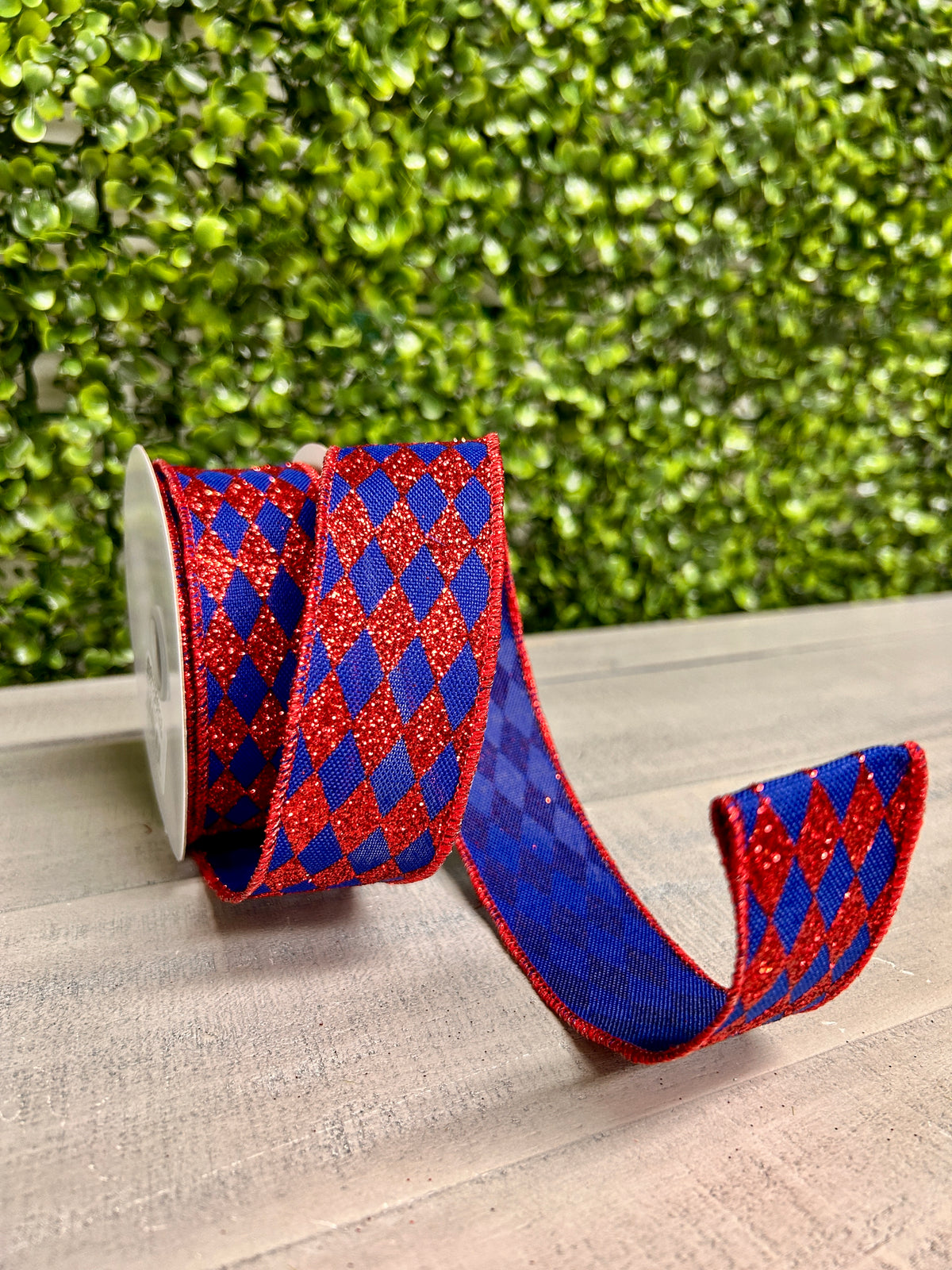 1.5 Inch By 10 Yards Royal Blue And Red Glitter Harlequin Ribbon