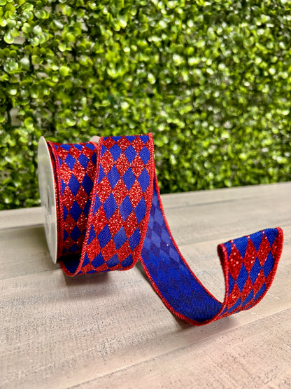1.5 Inch By 10 Yards Royal Blue And Red Glitter Harlequin Ribbon