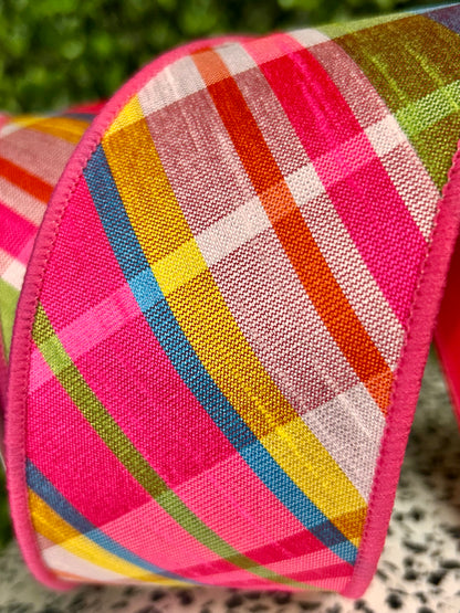 2.5 Inch By 10 Yard Hot Pink Turquoise Lime And Yellow Diagonal Plaid Fused Ribbon