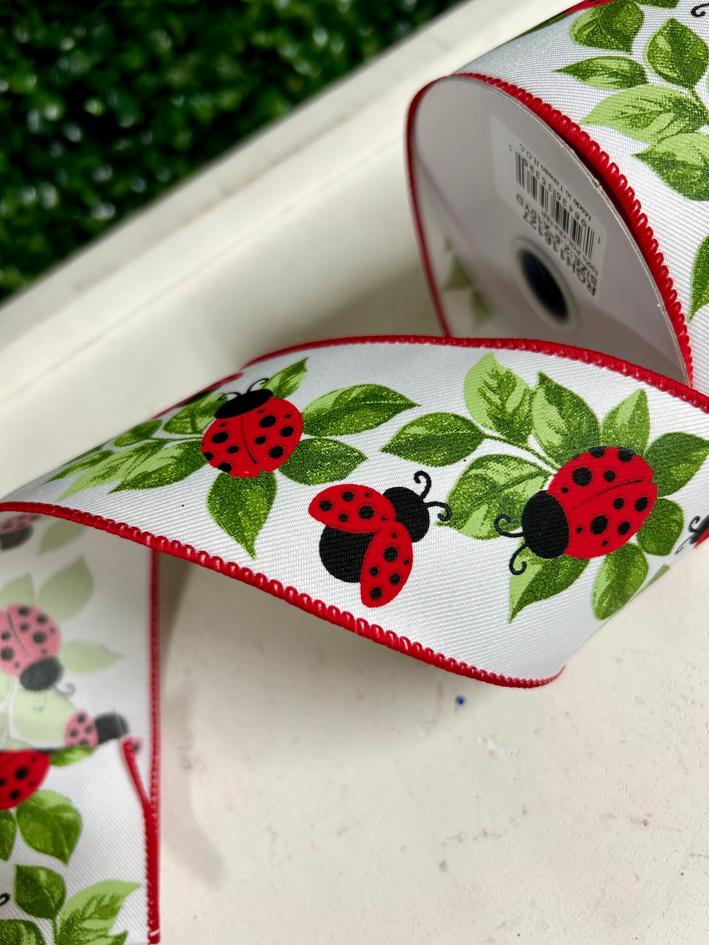 2.5 Inch By 10 Yard Ladybugs On Leaves Ribbon