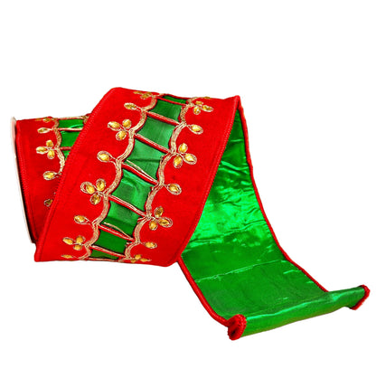 David Christopher 4 Inch By 5 Yard Regal Uniform Jeweled Trim on Red Velvet With Green Back Ribbon