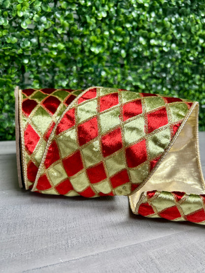 4 Inch By 5 Yard Green Red Gold Glitter Diamond Velvet Ribbon