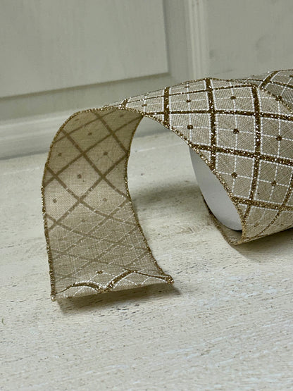 2.5 Inch By 10 Yard Champagne Gold Glitter Diagonal Plaid Ribbon