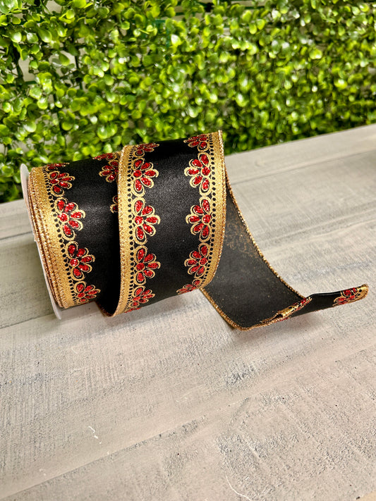 2.5 Inch By 10 Yard Black Gold And Red Lux Scallop Trim Ribbon